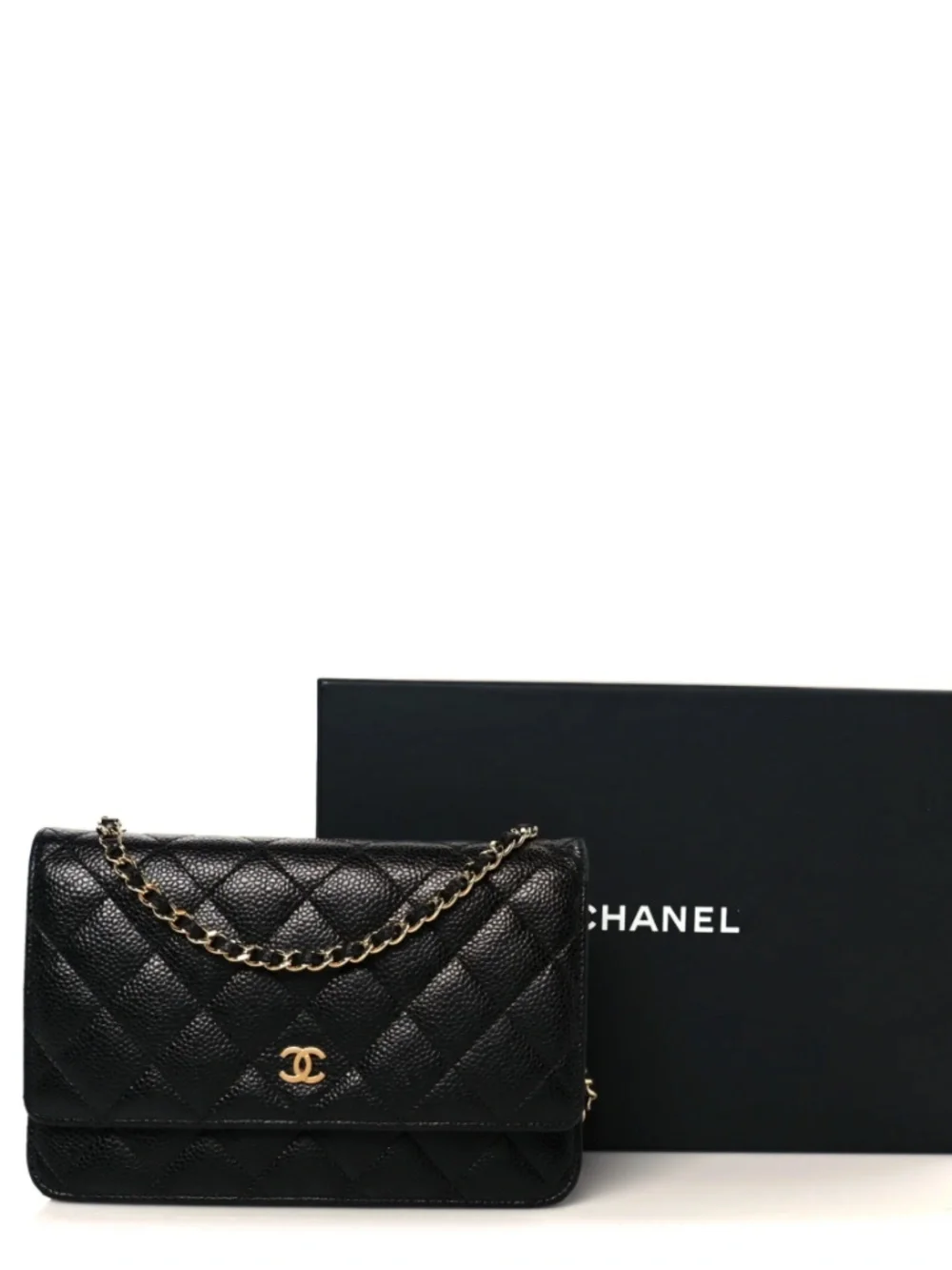 CHANEL | WOC | CHANEL Black Quilted Leather Chain Wallet with Gold Hardware